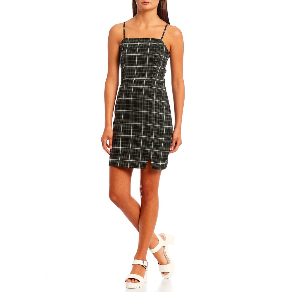 GB Square Neck Plaid Notch Front Dress